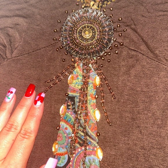 Vintage Brown Sequin Beaded Adorned Embellishments Top with Mesh Paisley Sleeves - Picture 3 of 8